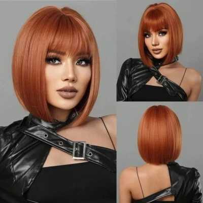 Perruque Carré Femme Rousse Coupe Courte Cheveux Lisse Synthétique Wig Frange