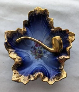 Antique Porcelain Blue Floral Maple Ashtray Gold Pipe Made In Germany Pre-WWII - Picture 1 of 8