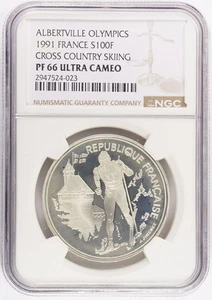 1991 Albertville 1992 Olympics 100 Francs Cross Country Ski NGC PF66UC KM# 994 - Picture 1 of 2
