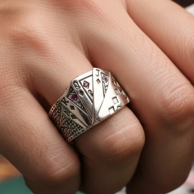 Anillo de plata 925 para hombre tarjeta de juego de color real de ley ajustable redimensionable Foto 1 de 4