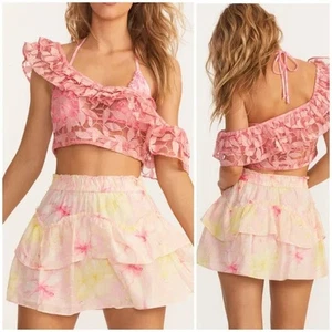 LoveShackFancy Womens Tiered Ruffle Mini Skirt XL Pink Yellow Floral Lined NWOT - Picture 1 of 10