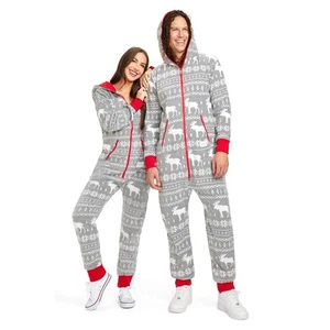 Tipsy Elves Gray Moose Fair Isle Fleece Jumpsuit Pajama Size M, NWOT - Picture 1 of 6