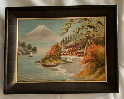 Vtg Framed Japanese Silk Embroidery Landscape Mt. Fuji Fall Colors 10.5” x 7.5" - Image 1 of 4
