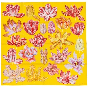 Auth. Hermes Silk Scarf Tulipomanie - Jaune Vif Corail New With Store Tag - Picture 1 of 13