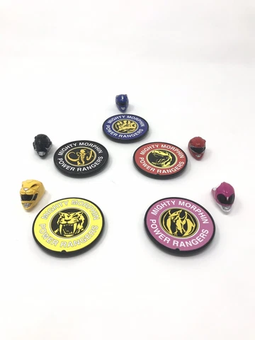 Mighty Morphin Power Rangers Clip on Badges - FULL SET W Head Rings Set Included Cover