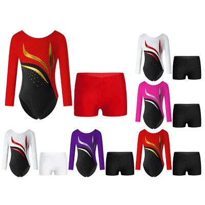 UK Girls Long Sleeve Gymnastics Leotards with Booty Shorts Ballet Dance Costume - Image 1 of 3