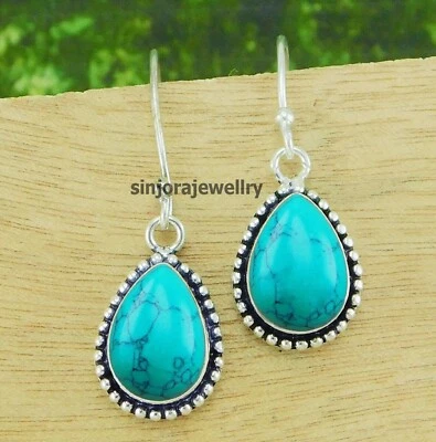 Turquoise Gemstone 925 sterling silver handmade Dangle/Drop Earrings 1.25" - Image 1 of 4