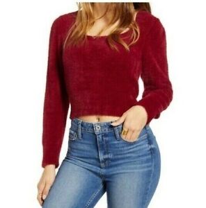 ASTR Soft Fuzzy Pullover Crop Sweater M Red Long Sleeve Square Neck Casual NEW