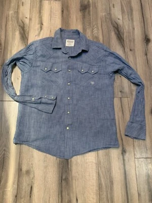 Camisa Ariat Para Hombres M Ajuste Retro Azul Denim Perla A Presión Manga Larga Bolsillos Foto 1 de 4