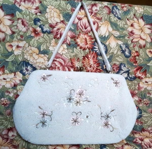 VTG 1950s Japan Micro Beaded Purse Pastel Floral Embroidery, Rhinestoned Closure - Picture 1 of 10
