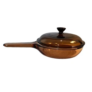 Vintage Amber Visions Corning Small 7 Inch Skillet w Lid Waffle Bottom France - Picture 1 of 18