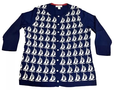 COLDWATER CREEK Small (8) Navy Blue White Sailboat Cotton Knit Cardigan Sweater - Image 1 of 4