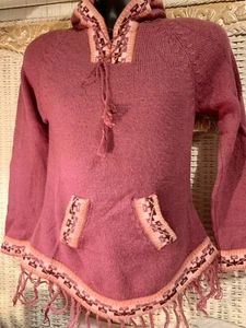 NEW Peru Alpaca Soft Women's Raspberry Sweater Hood, Fringe, Pockets M/l AS-520 - Picture 1 of 3