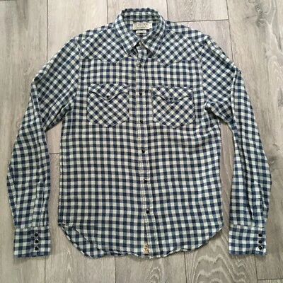 Camisa Ralph Lauren Para Hombre Pequeña Delgada Azul Blanco Cuadros Perla Franela de Algodón a Presión Foto 1 de 4