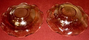 SET OF TWO RUFFLED BOWLS AMBER GOLD EMBOSSED FLOWER LEAVES Carnival Glass - Picture 1 of 11