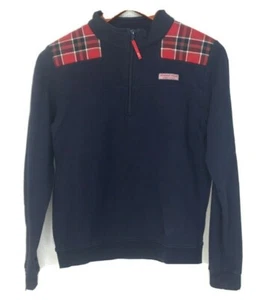 Vineyard Vines Kinder Mädchen Sweatshirt marineblau 1/4-Reißverschluss kariert Schultern blau Lg 14 - Bild 1 von 9