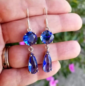 Sterling Silver Sapphire Earrings, Silver Blue Sapphire Dangle Earrings - Picture 1 of 6