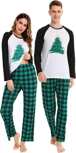 Matching Couples Christmas Pajamas Set Printed Long Sleeve Pjs Top and Plaid Pan - Picture 1 of 12