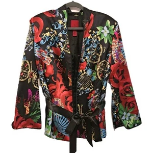 JS Collections Silk Kimono Jacket Asian Floral Mandarin Belted Red Black Size 16 - Picture 1 of 14