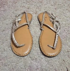 American Eagle Womens Sz 11 Brown&Gold Braided T Strap Sandals-Brand New... - Picture 1 of 4