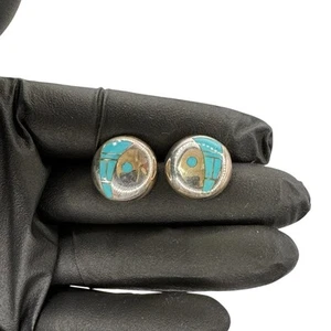 Ray Tracey VTG Sterling Silver 925 Turquoise Inlaid Earrings Button Cap Style - Picture 1 of 9