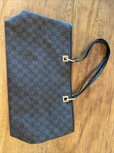 Borsa tote GUCCI GG nera grigia tela pelle argento ferramenta