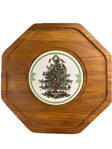 Vintage Dolphin Brand Teakwood Christmas Cheese Tray With Glass Dome Lid Cover - Picture 1 of 5