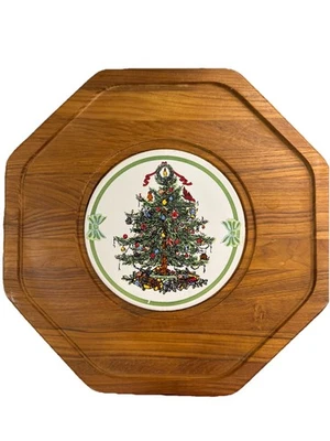 Vintage Dolphin Brand Teakwood Christmas  Cheese Tray With Glass Dome Lid Cover - Image 1 of 4
