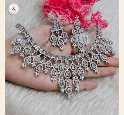 Brincos de prata étnica indiana Bollywood AD CZ conjunto étnico de noiva colar - Imagem 1 de 4