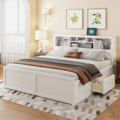 King Size Platform Bed with Storage Drawers Bookcase Headboard Wooden Bed Frames - Image 1 of 4