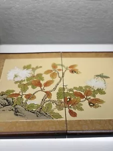 Authentic Antique Japanese Silk Panel x2 Folding Art Floral Signed - Picture 1 of 11