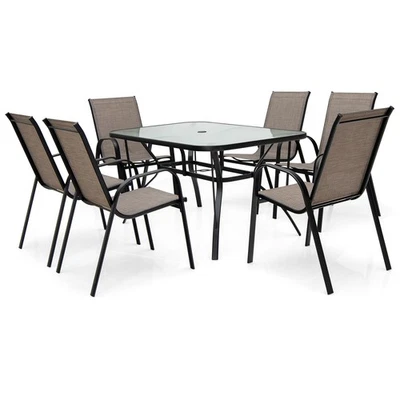 Conjunto de mesa de jantar ao ar livre Patiojoy 7 peças com mesa e 6 chiars e orifício para guarda-chuva de 1,5" - Imagem 1 de 4