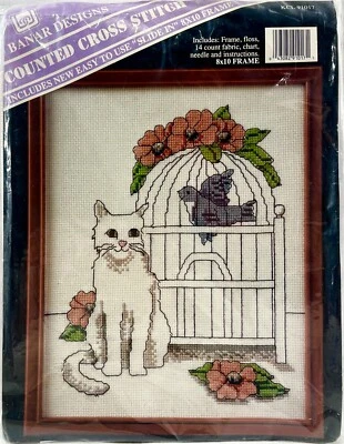 NUEVO 1991 Banar Cat & Bird KCL91017 Kit de punto de cruz contado con marco 8x10 15860 Foto 1 de 4