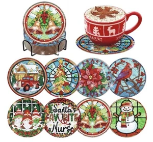 8PCS Diamond Painting Art Coffee Coaster Cup Pad with Holder DIY Kits Xmas Gifts - Picture 1 of 2