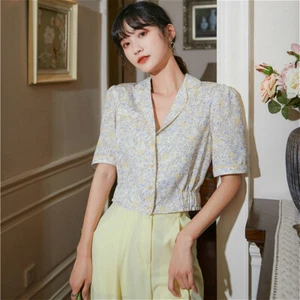 Lady Vintage Floral Shirt Short Sleeve Crop Top Button Down Collared Blouse Tees - Picture 1 of 5