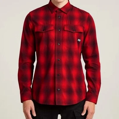 New G-Star RAW Men's Shirt Marine Slim Flame Check Plaid Button Down Size Large - Image 1 of 4