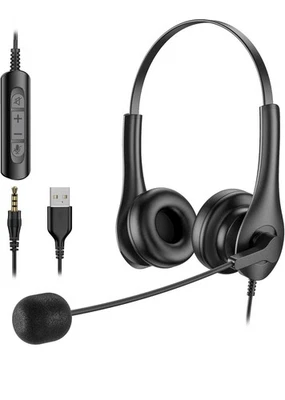USB Headset w/Microphone, Noise Cancelling, 3.5mm, Boom Mic, PC - Image 1 of 4