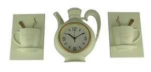 Scratch & Dent Coffee Pot Clock and Morning Coffee Cups 3 Piece Wall Set, White - Picture 1 of 5