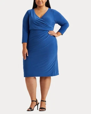 Lauren Ralph Lauren Ruched Jersey Surplice Royal Blue Faux Wrap Dress 18W Plus - Image 1 of 4