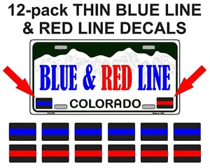 12pk THIN RED and BLUE LINE License Plate Decals Stickers Police Firefighter FOP - Picture 1 of 1