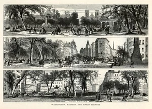 Washington Madison e Union Squares, America storica 1874 incisione antica - Foto 1 di 4
