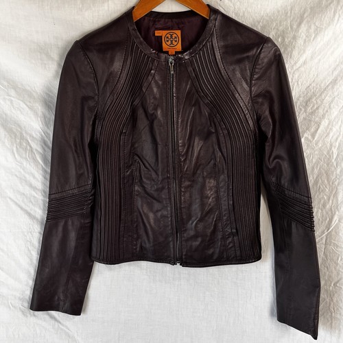 Giacca di pelle Tory Burch donna taglia 6 sangue di bue bordeaux zip cropped cappotto moto