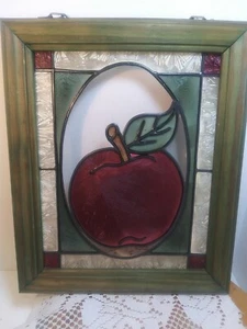 Vintage Stained Glass Apple Window Hanging Sun Catcher Wood Frame. Beautiful - Picture 1 of 12