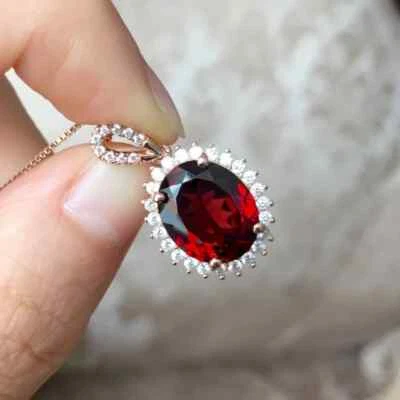 2Ct Oval Cut Red Ruby Diamond Lab-Created Halo ChainPendant 14K Rose Gold Plated - Image 1 of 4