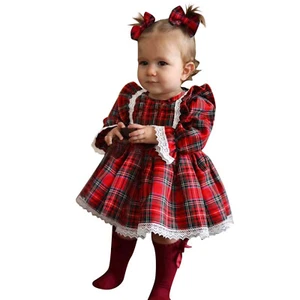 Toddler Girls Christmas Long Sleeve Lace Plaid Prints Princess Dress Party Xmas - Picture 1 of 12