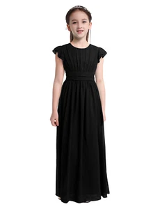 Kids Chiffon Flutter Sleeves Zipper Back Banquet Wedding Flower Girls Dresses - Picture 1 of 96