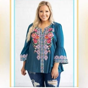 Neu mit Etikett schicke Soul Savanna Jane Bluse 3X dunkelblau Blumen bestickt Oberteil Übergröße - Bild 1 von 9