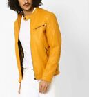 Shinny Yellow Men's Classy Jacket 100% Genuine Lambskin Leather Biker Moto Coat