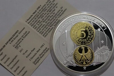 🧭 🇩🇪 GERMANY 2011 GOLD & SILVER PLATED MASSIVE MEDAL 70mm 5 DM 1958 J B80 #12 - Image 1 of 4