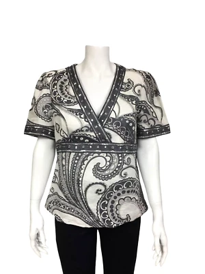 Твиды размер большой белый серый пейсли печать 100% льняной украшенный v-образным вырезом Топ - Изображение 1 из 4